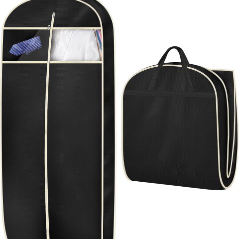 43-inch padded travel suit bag with accessory zippered pocket, suitable for closet storage.