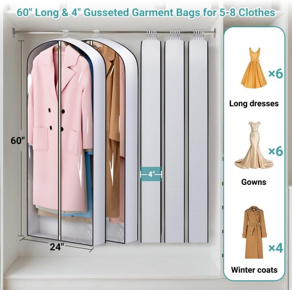 60-inch long hanging garment bags, suitable for closet storage, transparent accordion pleat design, 5-pack