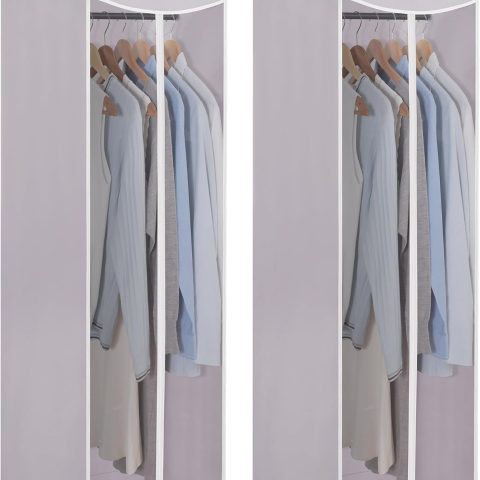 Two hanging garment bags with zipper and sealable transparent window, suitable for wardrobe storage.