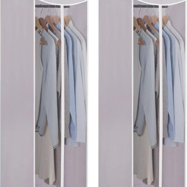 Two hanging garment bags with zipper and sealable transparent window, suitable for wardrobe storage.