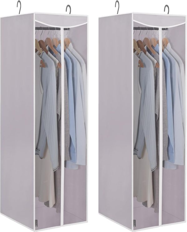 Two hanging garment bags with zipper and sealable transparent window, suitable for wardrobe storage.