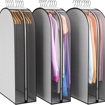 Accordion-pleated garment bags with transparent side covers, suitable for coats, dresses, jackets, shirts, fur coats, etc., 3-pack, gray.