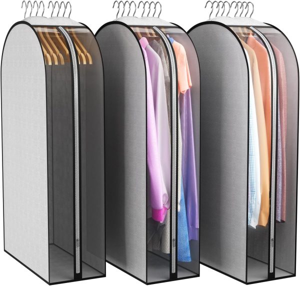Accordion-pleated garment bags with transparent side covers, suitable for coats, dresses, jackets, shirts, fur coats, etc., 3-pack, gray.