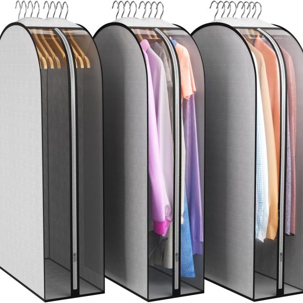 Accordion-pleated garment bags with transparent side covers, suitable for coats, dresses, jackets, shirts, fur coats, etc., 3-pack, gray.
