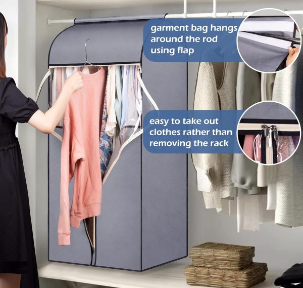 Two grey 54-inch hanger-style garment bags, perfect for closet organization. Completely sealable, suitable for storing jackets, coats, suits, and other garments.