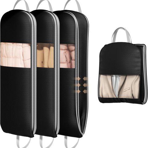 3-Pack 54-inch Garment Hanging Bags - Space-Saving Compact Travel Bag Set with Shell for Closet Storage, Handles, and Clear Window.