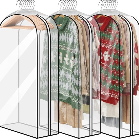 Transparent accordion-style garment bags for hanging clothes and wardrobe organization; side zipper design, 3-pack.
