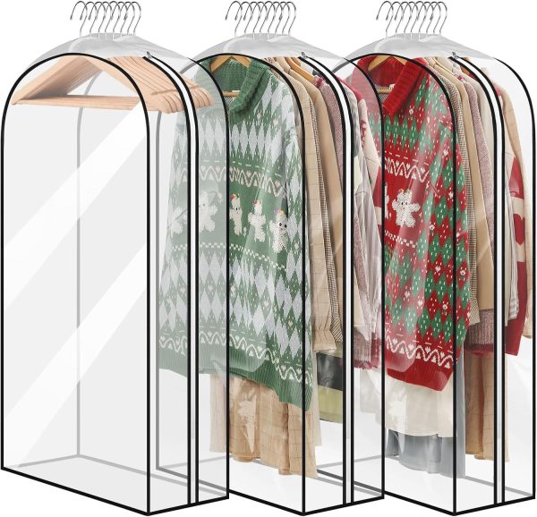 Transparent accordion-style garment bags for hanging clothes and wardrobe organization; side zipper design, 3-pack.