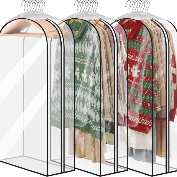 Transparent accordion-style garment bags for hanging clothes and wardrobe organization; side zipper design, 3-pack.