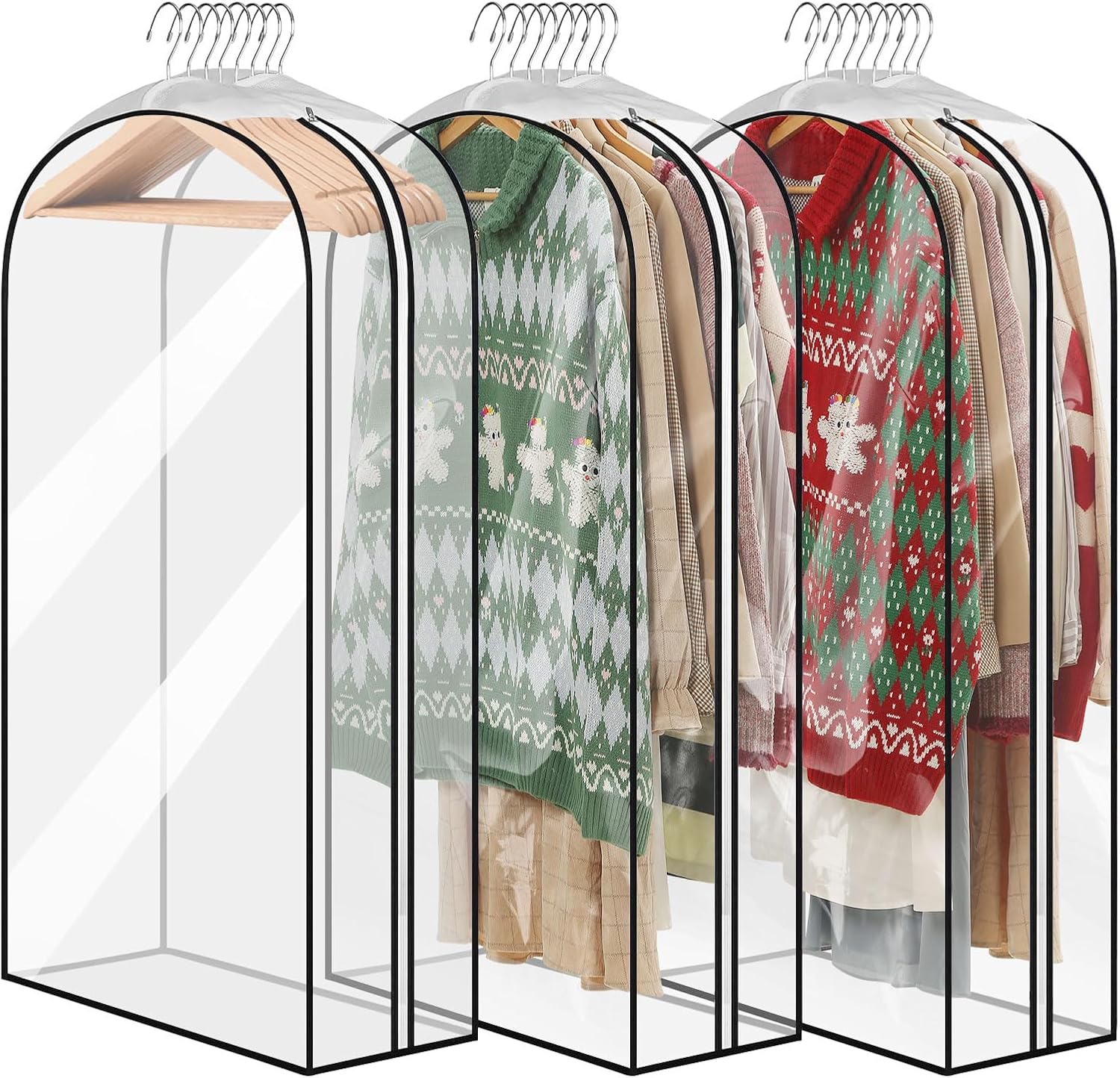 Transparent accordion-style garment bags for hanging clothes and wardrobe organization; side zipper design, 3-pack.