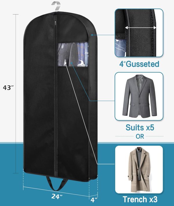 3-pack, 43-inch suit bags, suitable for wardrobe organization and travel, hanging garment bags with side supports and handles for easy carrying.