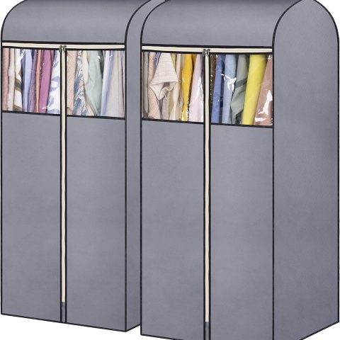 Two grey 54-inch hanger-style garment bags, perfect for closet organization. Completely sealable, suitable for storing jackets, coats, suits, and other garments.