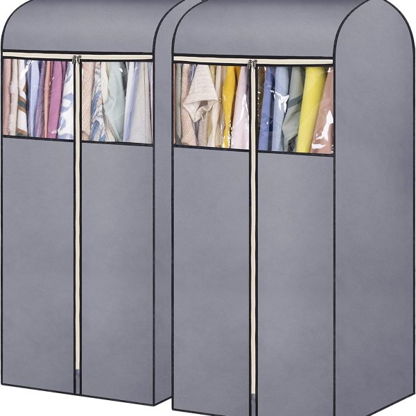 Two grey 54-inch hanger-style garment bags, perfect for closet organization. Completely sealable, suitable for storing jackets, coats, suits, and other garments.