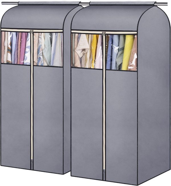 Two grey 54-inch hanger-style garment bags, perfect for closet organization. Completely sealable, suitable for storing jackets, coats, suits, and other garments.