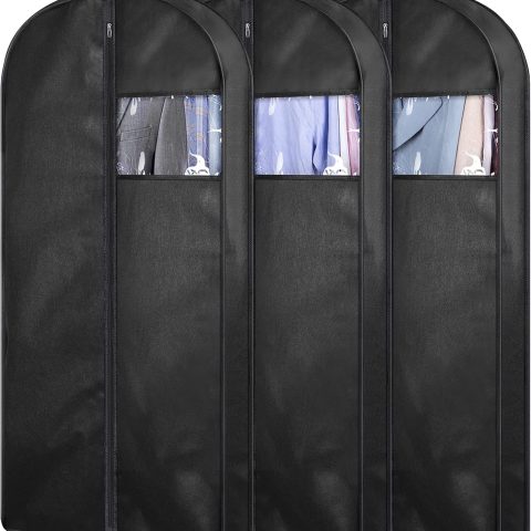 3-pack, 43-inch suit bags, suitable for wardrobe organization and travel, hanging garment bags with side supports and handles for easy carrying.