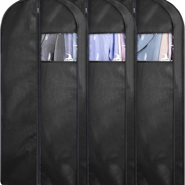 3-pack, 43-inch suit bags, suitable for wardrobe organization and travel, hanging garment bags with side supports and handles for easy carrying.