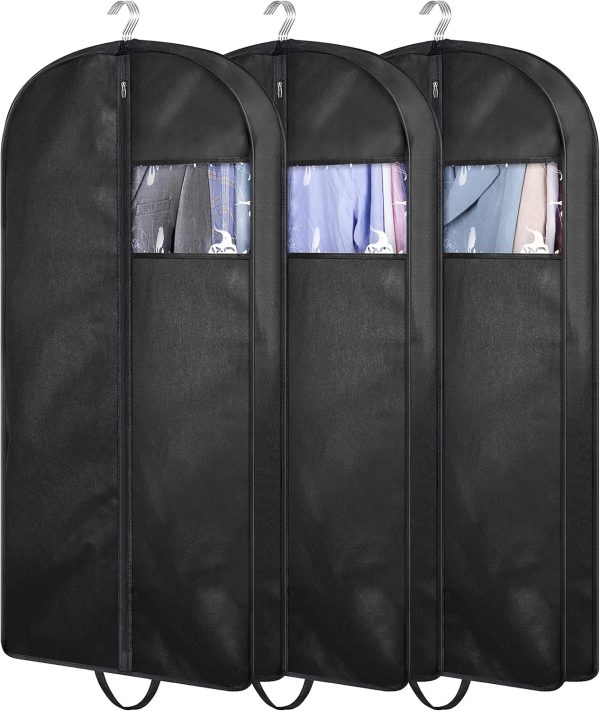 3-pack, 43-inch suit bags, suitable for wardrobe organization and travel, hanging garment bags with side supports and handles for easy carrying.