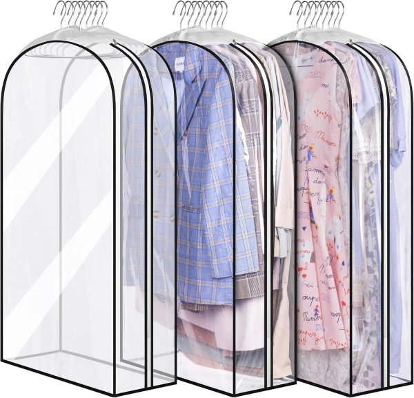 10-inch transparent garment bags with side supports, 3-pack; 40-inch suit bags, suitable for wardrobe organization.