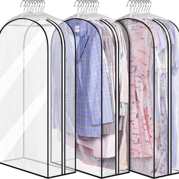 10-inch transparent garment bags with side supports, 3-pack; 40-inch suit bags, suitable for wardrobe organization.